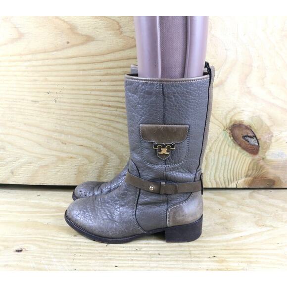 Tory Burch Boots Womens 7.5M Gray Leather Leona Equestrian Mid Calf Riding Shoes - Picture 1 of 12